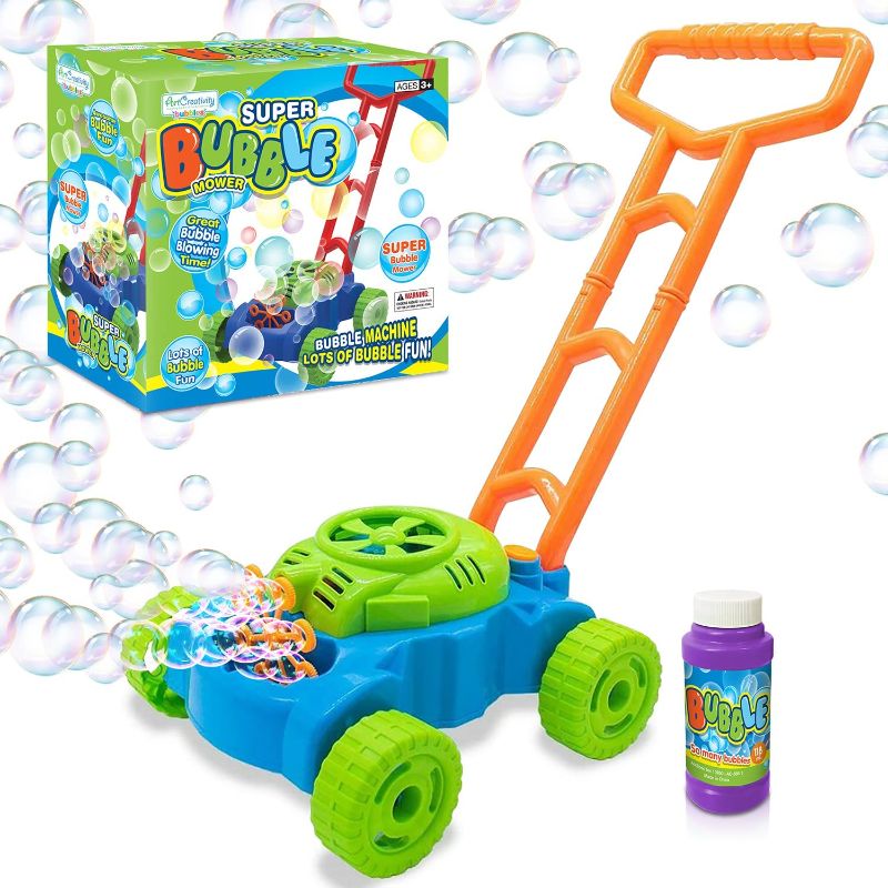 Photo 1 of Bubble Lawn Mower for Toddlers 1 2 3 4 5, Bubbles Blowing Push Toys for Kids, Bubble Machine, Outdoor, Outside Toys for Toddlers, Easter Basket Stuffers, Easter First Birthday Gift for Boys and Girls--BOX DAMAGE 