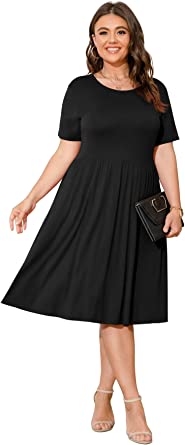 Photo 1 of  Women Plus Size Summer Dresses 2022 Slant Pocket Flare Hem Solid A-Line Dress---XL