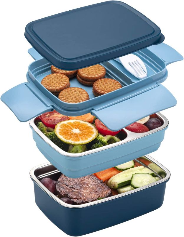 Photo 1 of  Stainless Steel Bento Lunch Box with 2 Containers, 40 Oz Large Capacity Stackable Leakproof Lunch Box for Adults Kids, Dishwasher and Microwave Safe, Blue