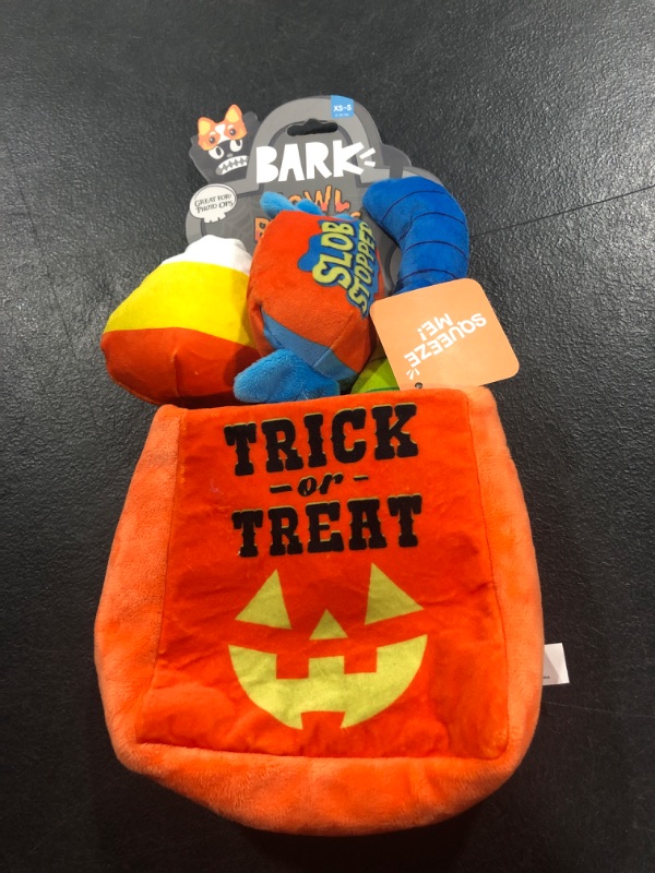 Photo 1 of BARK Howl Raisers Trick or Treat Squeeze Dog Toy 3 Squeakers Halloween