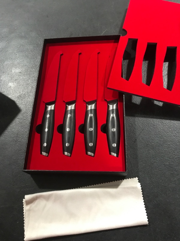 Photo 2 of TUO Serrated Steak Knife - 5 inch Professional Kitchen Steak Knife Set 4 - Table Dinner Knife - German HC Stainless Steel Non Slip Pakkawood Handle - BLACK HAWK SERIES Including Gift Box serrated steak set of 4