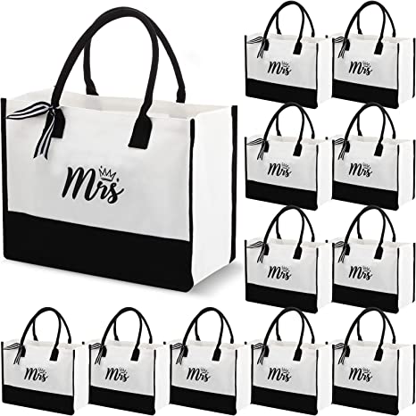 Photo 1 of Yahenda 12 Pack Canvas Tote Bags Mrs Bride Gift Bags Classic Black and White Bridesmaid Tote Waterproof Travel Canvas Beach Bag with Strip Ribbon for Wedding Bachelorette Birthday Beach Holiday