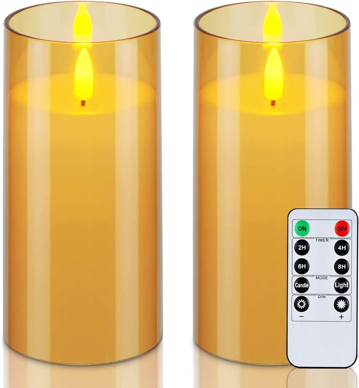 Photo 1 of Amagic 3" x 6" Gold Acrylic Flickering Flameless Candles, 3D Wick, Unbreakable Battery Operated Plexiglass LED Pillar Radiance Candles with Remote Control and Timer, Amber
