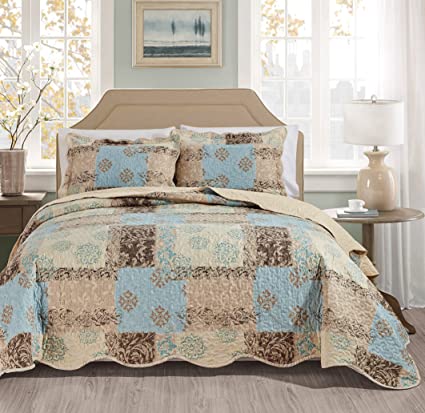 Photo 1 of  3-Piece Fine Printed QUEEN Quilt Set, (Light Blue, Beige, Brown Floral) 