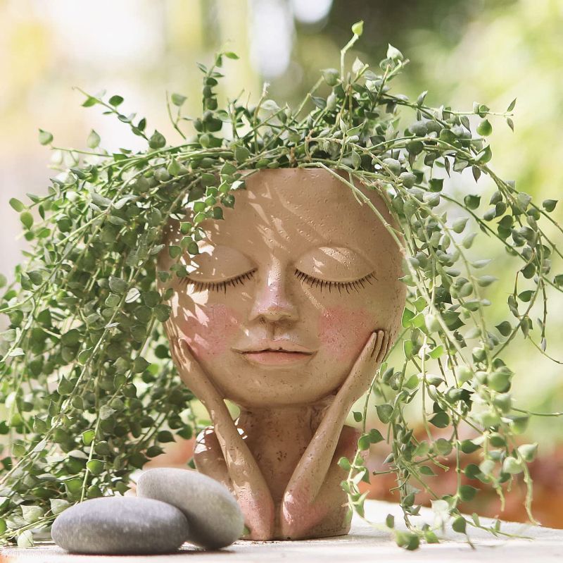 Photo 1 of AIMEBBY Face Flower Pot Head Planter Pot Succulent Planter Cute Resin Cactus Planter with Drainage Hole Closed Eyes,Dark Large Dark