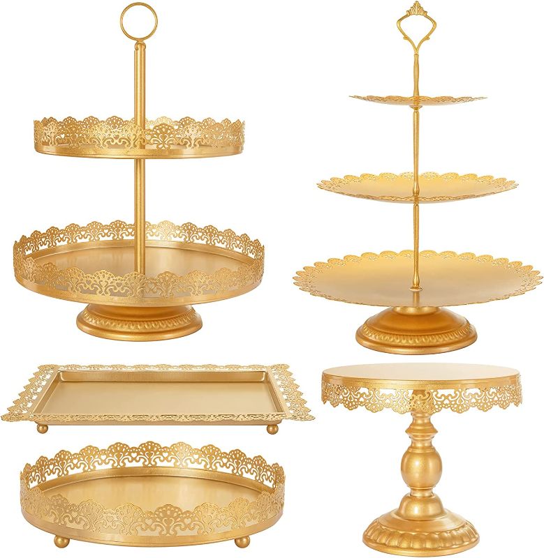 Photo 1 of ALEDO Gold Cake Stand 5 Pcs, Dessert Table Display Set Metal Antique-Inspired with Cake Pop Stand, Cupcake Tower, Treats Candy Station for Wedding Birthday Party Baby Shower Celebration Holiday Décor