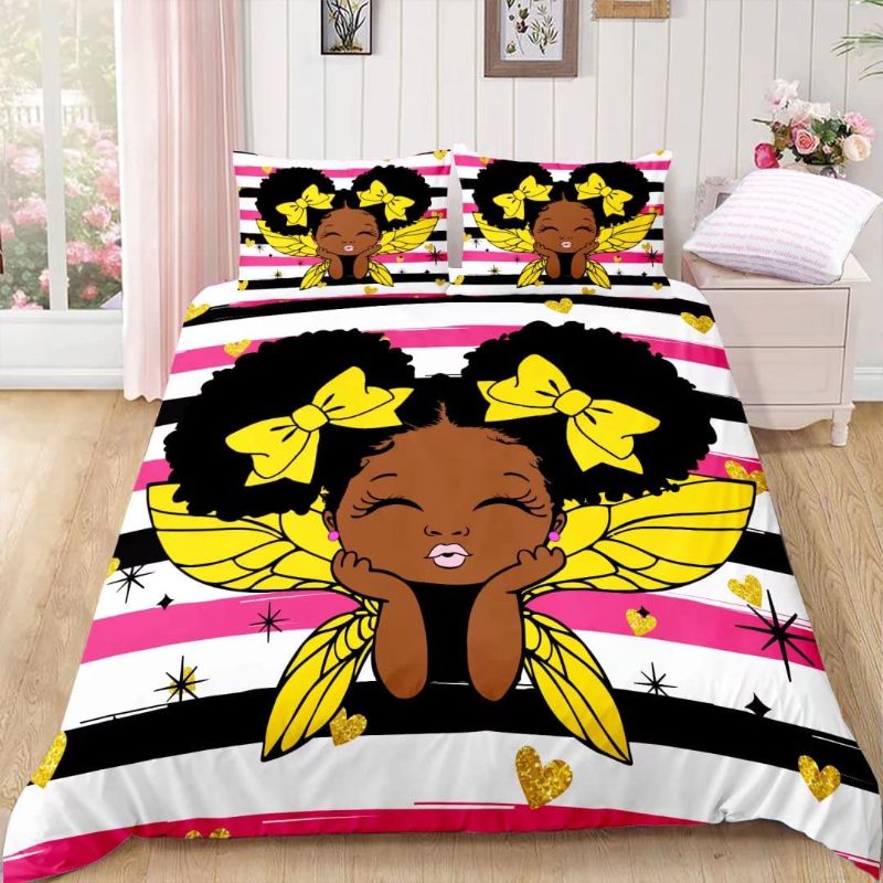 Photo 2 of African American Black Girl Duvet Cover Set,Black Girl Magic Bedding Set Twin Size,Cute Little Afro Black Princess Bed Comforter Cover Sets,Girl Bedroom Room Decor(1 Duve Cover +2 Pillowcases