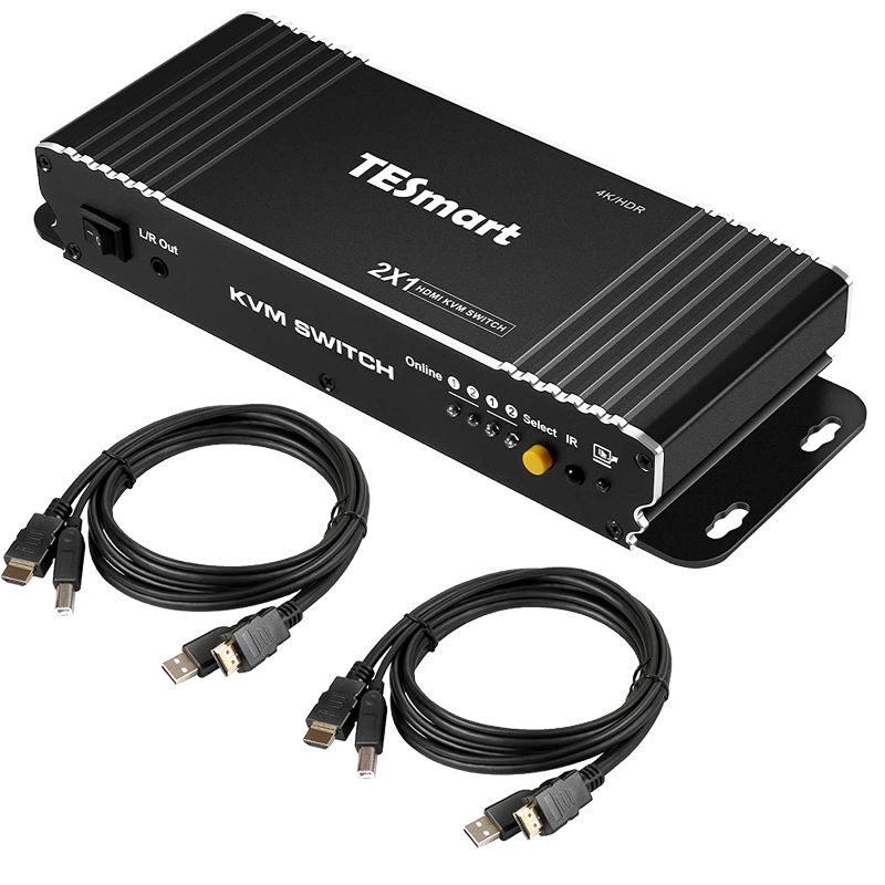 Photo 1 of TESmart KVM Switch HDMI PC Switcher 2 Input 1 Output KVM Selector Switch HDMI Version 4K Ultra HD 2 x 1 HDMI KVM Switch 4K @ 60Hz 4: 4: 4 with 2 Pieces 5ft KVM Cables, USB 2.0 Device Control