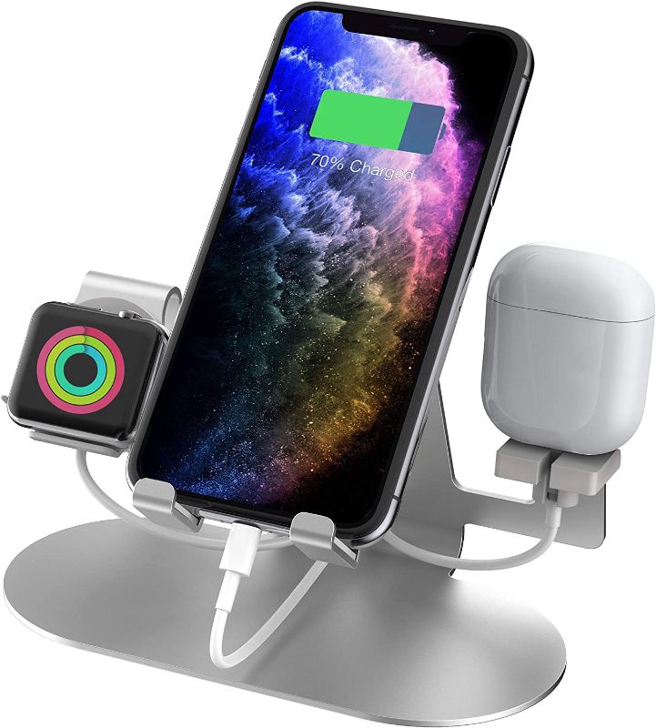 Photo 2 of Aduro Trio Charge 3 in 1 Aluminum Charging Stand for Apple Phone, iPad, Apple Watch Series 4/3/2/1, & Airpods Charger Station Dock Silver