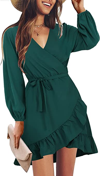 Photo 1 of Amoretu Womens Short/Long Sleeve Dress Wrap V Neck Ruffle Hem Mini Summer Fall Dresses - XL
