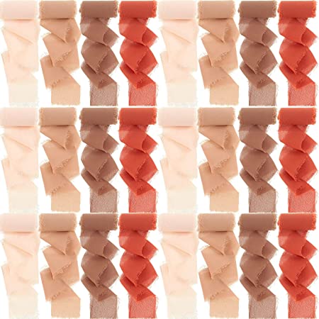 Photo 1 of 24 Rolls Handmade Fringe Chiffon Silk Ribbon 1.5" x 1.5 yd Chiffon Silk Tassel Ribbon Frayed Smooth Ribbon for Wedding Invitations Bridal Bouquets Gift Wrapping DIY Crafts Decoration (Cozy Terracotta)