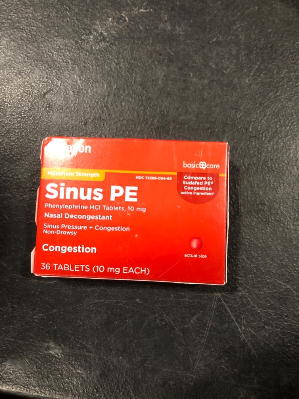 Photo 1 of Amazon Basic Care Sinus PE, Maximum Strength Nasal Decongestant, Cold Medicine, Phenylephrine HCl Tablets, 10 mg, 36 Count
BB 08/25