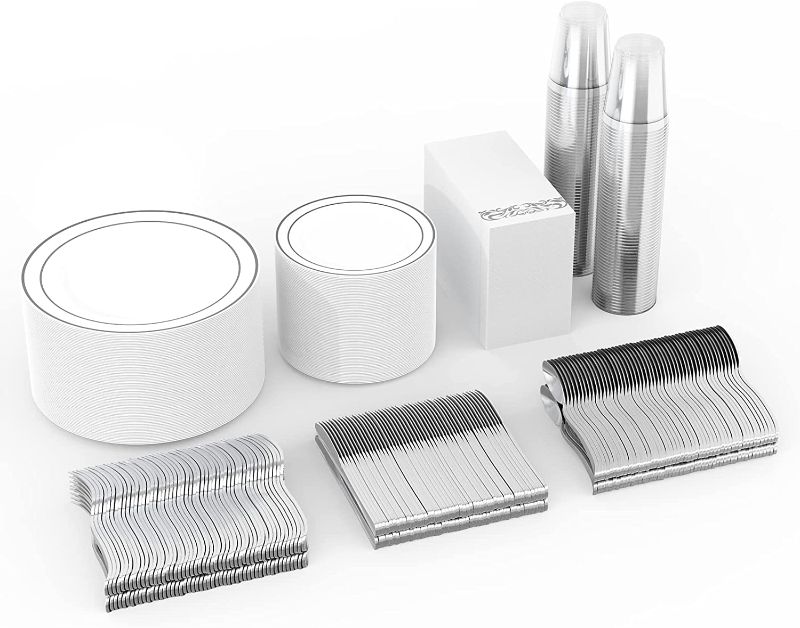 Photo 1 of 700 Piece Silver Dinnerware Set-200 White and Silver Plastic Plates-Set of 300 Silver Plastic Silverware-100 Silver Plastic Cups-100 Disposable Hand Towel-Disposable Silver Dinnerware
