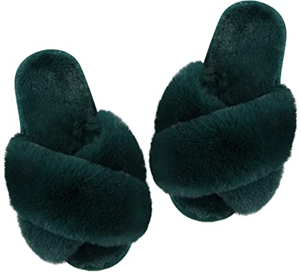 Photo 1 of 8-9 Evshine Women's Fuzzy Slippers Cross Band Memory Foam House Slippers Open Toe
