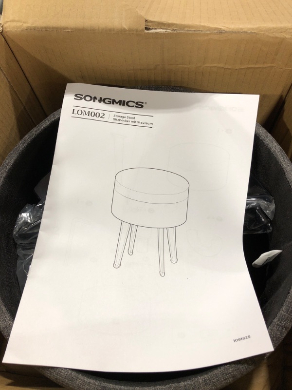 Photo 1 of SONGMICS Round Storage Ottoman, Small Ottoman Stool with Storage, Vanity Chair, Footrest, 12.2 Dia. x 16.9 Inches, Metal Legs, for Living Room, Bedroom, Dark Gray ULOM002G01 12.2 x 12.2 x 16.9 inches