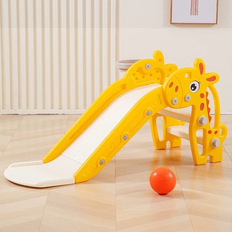 Photo 1 of MERIT play Kids Slide with Basketball Hoop for Toddler, Baby Climber Playset Indoor Slide,Backyard Baby Playground Outdoor Slide, Indoor Slide for Toddlers Age 1-3,Yellow