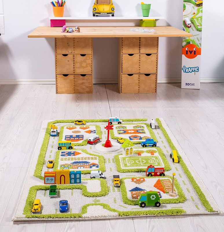 Photo 1 of IVI Thick 3D Childrens Play Mat & Rug in A Colorful Town Design for Kids with Soccer Field, Car Park & Roads, Green, 32 x 44 inches
