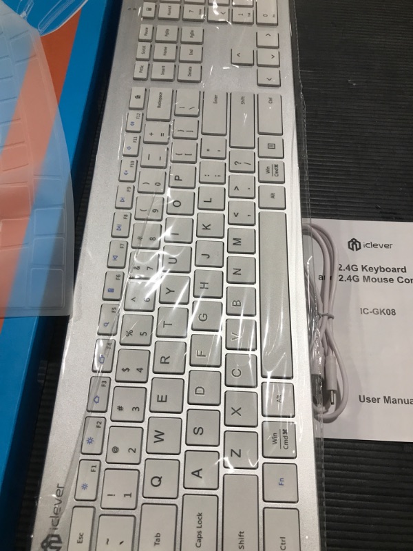 Photo 3 of iClever GK08 Wireless Keyboard and Mouse - Rechargeable Keyboard Ergonomic Quiet Full Size Design with Number Pad, 2.4G Stable Connection Slim White Keyboard and Mouse for Windows Mac OS Computer Silver