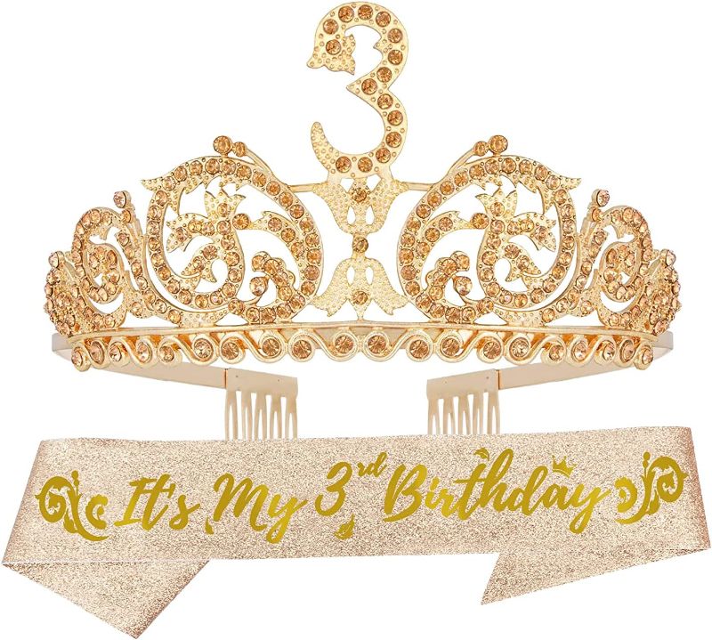 Photo 1 of 3rd Birthday Sash and Tiara for Girls - Fabulous Glitter Sash + Forest Rhinestone Gold Premium Metal Tiara for Girls, 3rd Birthday Gifts for Princess Party
