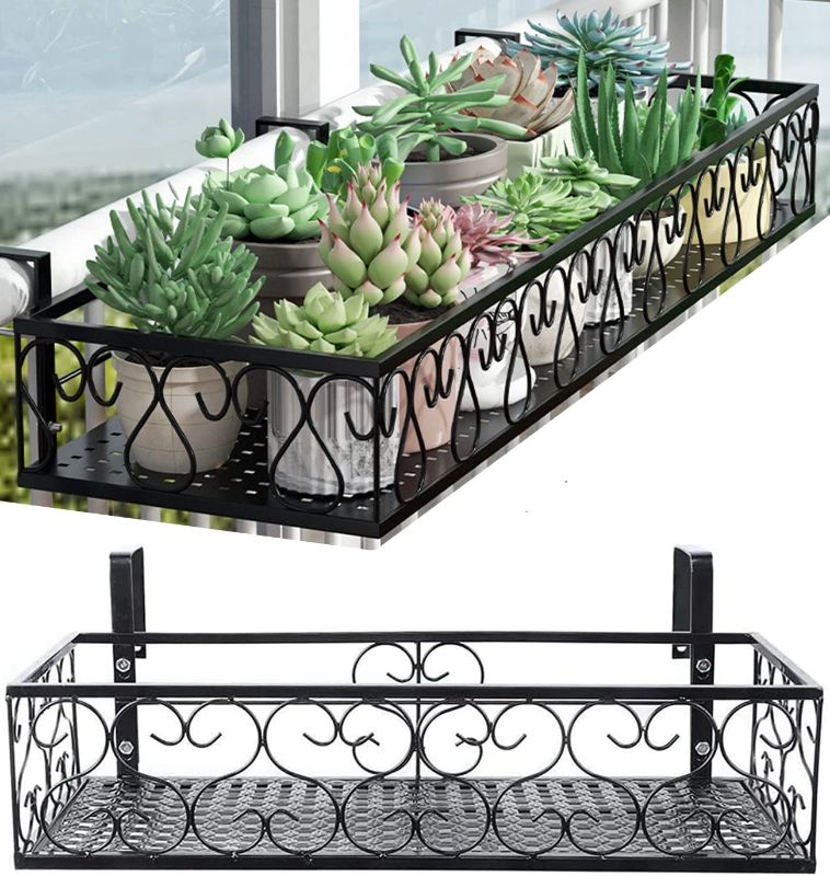 Photo 1 of  QUMENEY Metal Railing Planter with Hooks, Iron Hanging Planter Basket, Balcony Plant Holder Fence Hanging Bucket Pot Flower Holder for Outdoor Garden Porch Patio (Black, 23.6 x 7.8 x 4.7 Inch) 