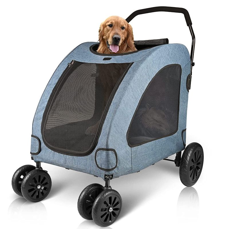 Photo 1 of  Petbobi Dog Stroller for Large Dogs, Breathable Large Space, Waterproof Oxford Cloth & Storage Bag, Detachable Folding, Lightweight 4 Rubber Wheel Stroller for 2 Medium Dogs Up to 120lbs, Blue 