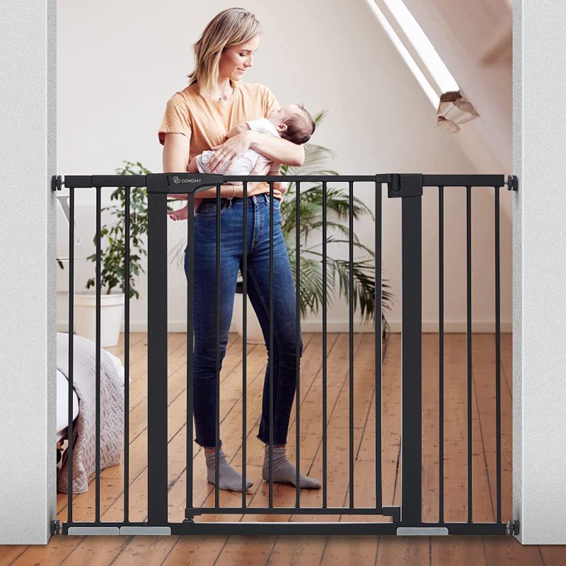 Photo 1 of COMOMY 36" Extra Tall Baby Gate for Stairs Doorways, Fits Openings 29.5" to 48.8" Wide, Auto Close Extra Wide Dog Gate for House, Pressure Mounted Easy Walk Through Pet Gate with Door, Black
