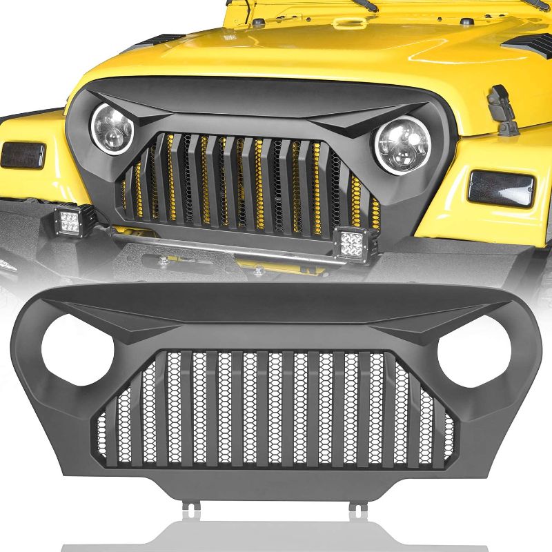 Photo 1 of  Hooke Road Wrangler TJ Grill Cover Front Vader Grille w/Mesh Inserts Compatible with Jeep Wrangler TJ LJ  (Angry Bird Matte Black)
