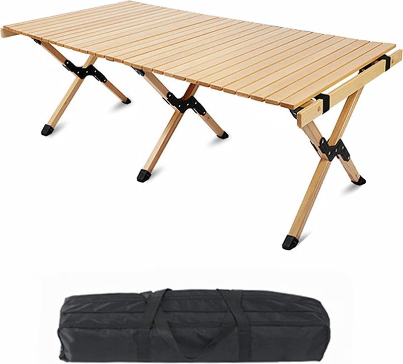 Photo 1 of  Go-Trio 4ft Low Portable Picnic Table, Boho Picnic Table with Carry Bag, Wooden Picnic Table Foldable, Adjustable Height Roll Up Folding Wooden Table Indoor Outdoor Camping, BBQ, Travel, Beach, Party 