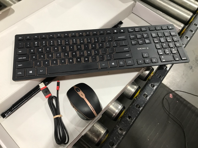 Photo 1 of CHERRY DW 9100 Slim Wireless Keyboard and Mouse Set Combo Rechargeable with SX Scissor Mechanism, Silent keystroke Quiet Typing with Thin Design for Work or Home Office. (Black & Bronze)