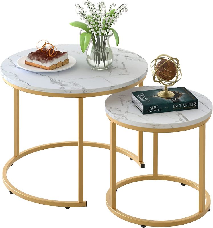 Photo 1 of aboxoo Coffee Table Nesting White Set of 2 Side Set Golden Frame Circular and Marble Pattern Wooden Tables, Living Room Bedroom Apartment Modern Industrial Simple Nightstand
