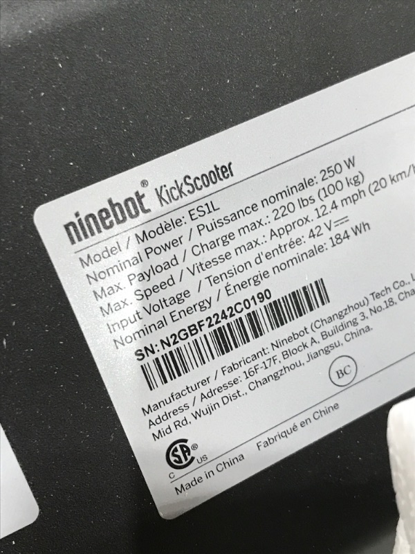 Photo 5 of Segway Ninebot ES1L Electric Kick Scooter - 250W Motor, 12.4 Mile Range & 12.4 MPH, 8" Inner-Support Tires, Dual Brakes & Front Suspension, 220lbs W. Capacity - Commuter E-Scooter for Adults
