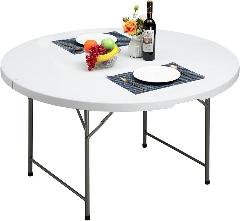 Photo 1 of ALIMORDEN 4.4ft Round Bi-Folding Camp Picnic Table, 53" Portable Plastic Dining Table, Event Commercial Table, Indoor&Outdoor Heavy Duty Trestle Table for Wedding, Party, Garden, Patio, White Granite

