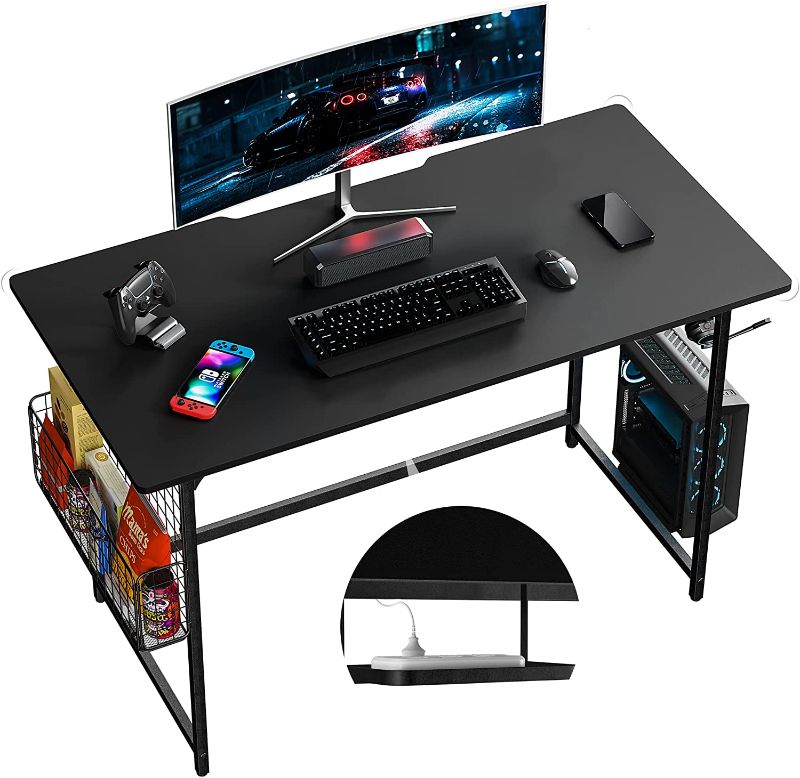 Photo 1 of Pamray 47'' Rounded Corner Home Office Desk with Thickened Bottom Crossbar and Cable Trough & Cable Management Simple Computer Desk for Work and Gaming, Black

