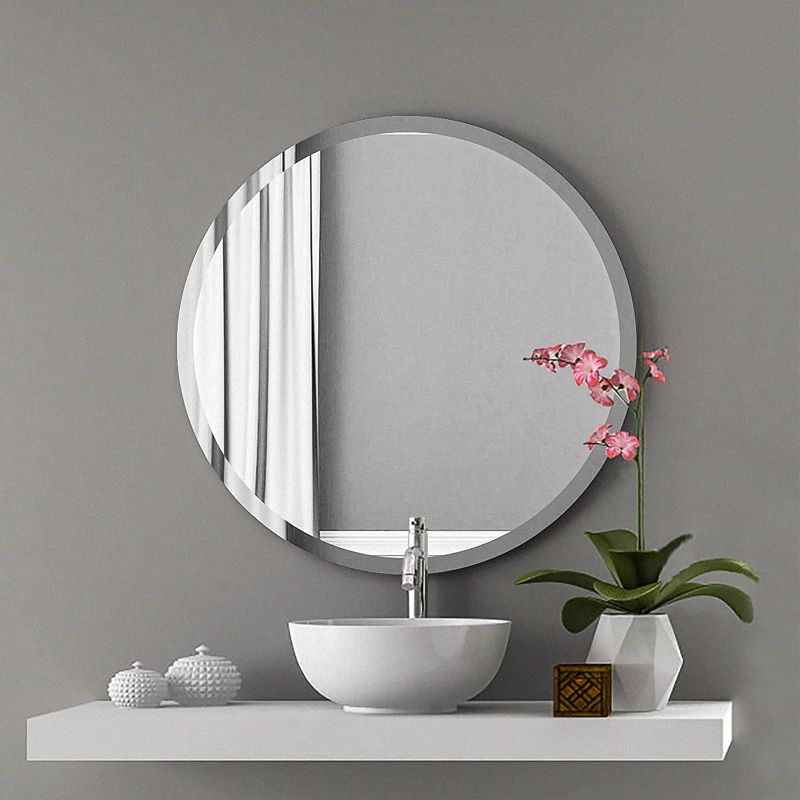 Photo 1 of  TITAMEG Frameless Round Mirror 24 Inch, Round Mirror with 1 inch Beveled Edge, Beveled Bathroom Mirrors for Vanity, Living Room, Entryways 