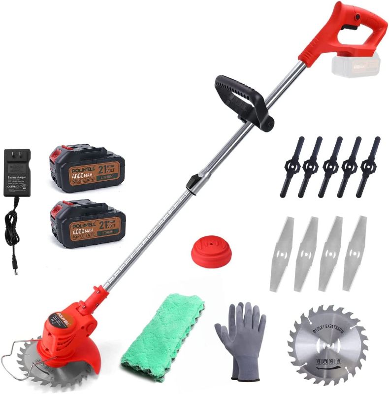 Photo 1 of  21V Battery String Trimmer, Cordless String Grass Trimmer 47 Inch Lightweight Electric Weed Wacker with 2 Li-Ion Battery Powered, 3 Types Cutting Blades for Lawn, Yard, Garden, Bush Trimming & Pruning 