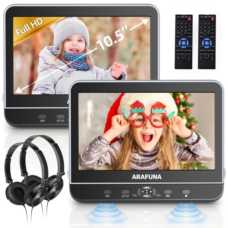 Photo 1 of  10.5" Dual Portable DVD Player with HDMI Input, Arafuna Car DVD Player Dual Screen Play A Same or Two Different Movies, Headrest DVD Player for Car Support 1080P HD Video, USB/SD,Last Memory 