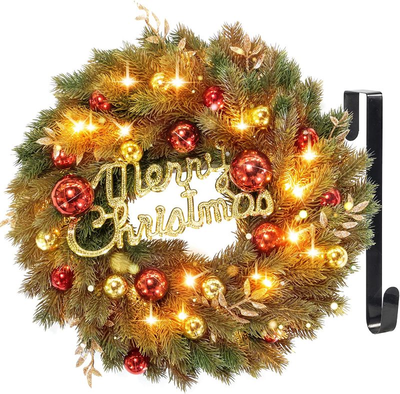 Photo 1 of 18’’ Christmas Wreath with Hanger & Timer - Pre-Lit Lighted Christmas Wreaths for Front Door Decorations with 40 LED Lights & Ornaments for Window Outdoor Wall 
