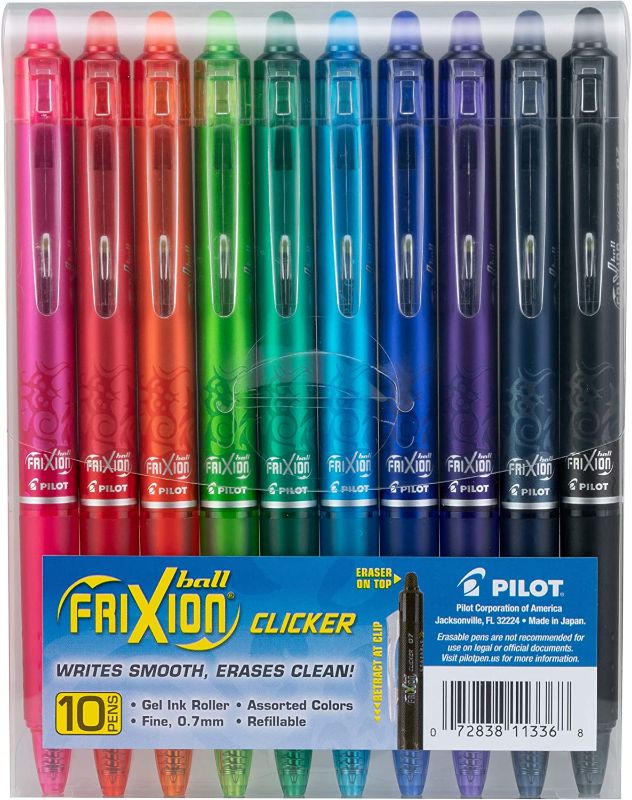 Photo 1 of  PILOT FriXion Clicker Erasable, Refillable & Retractable Gel Ink Pens, Fine Point, Assorted Color Inks, 10 Count (Pack of 1) Pouch (11336) 