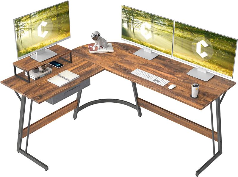 Photo 1 of CubiCubi Modern L-Shaped Desk Computer Corner Desk, Home Office Writing Study Workstation with Small Table, Space Saving, Easy to Assemble (Dark Rustic, 59inch)
