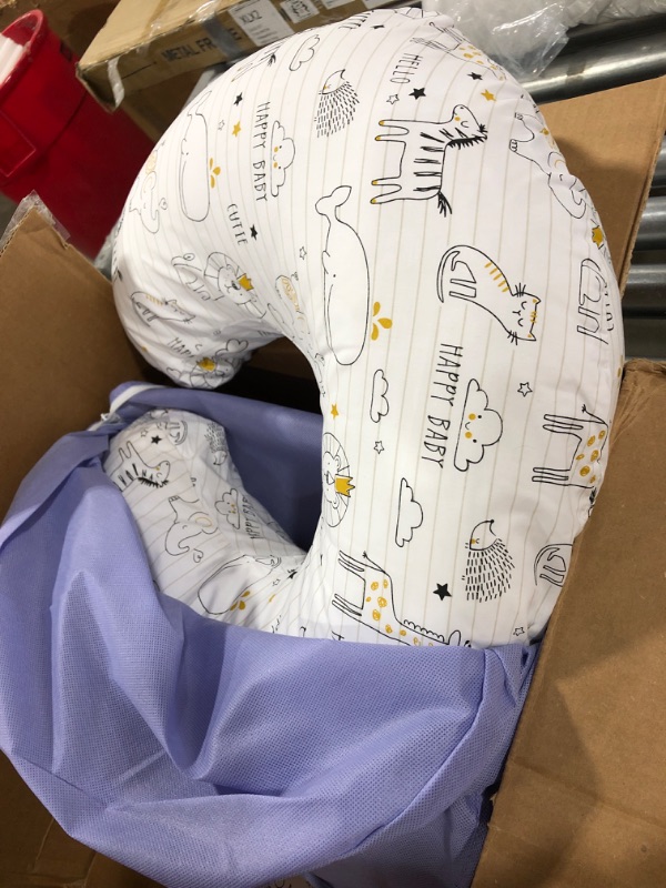 Photo 1 of Boppy Nursing Pillow and Positioner - Original, Notebook Black and White with Gold Animals, Breastfeeding, Bottle Feeding, Baby Support, with Removable Cotton Blend Cover, Awake-Time Support