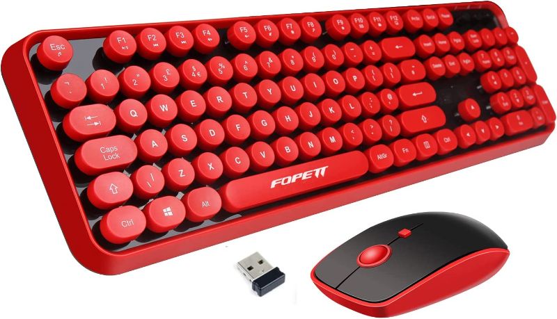 Photo 1 of FOPETT V2020 Wireless Keyboard and Mouse Combo,Cute Wireless Keyboard with Round Retro Style Red Key,CapSecure 2.4 GHz Connectivity,for PC,Laptop
