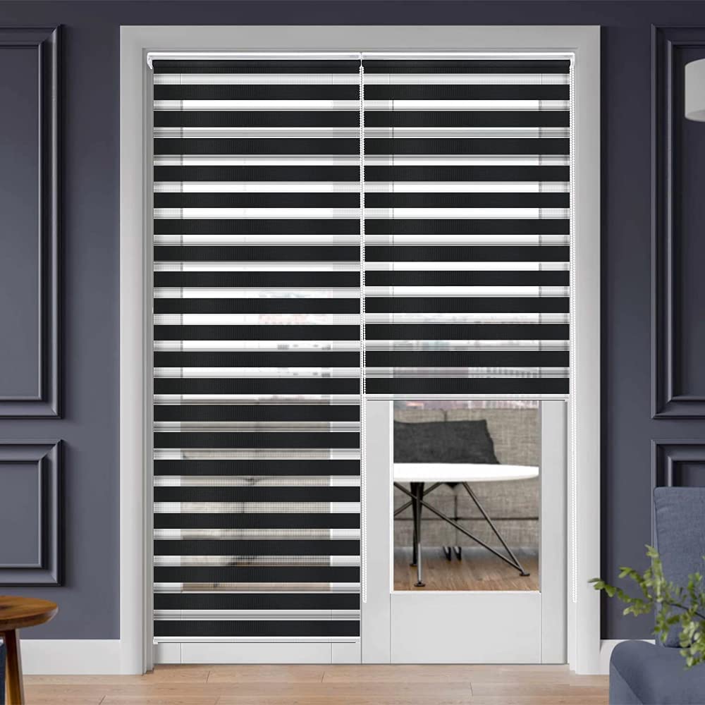 Photo 1 of  SEEYE Zebra Blinds for Windows - French Door Blinds Roller Dual Shades Light Control Window Treatments Horizontal Day and Night Sheer, 43.3" W x 90" H, Black 
