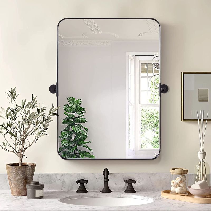 Photo 1 of  MOON MIRROR 24"x36" Matte Black Pivot Mirror for Bathroom, Metal Frame Bathroom Mirrors for Wall?Rectangle Titling Vanity Wall Mirror with Rounded Corner Hangs Vertical(Overall 27.75" x 36") 