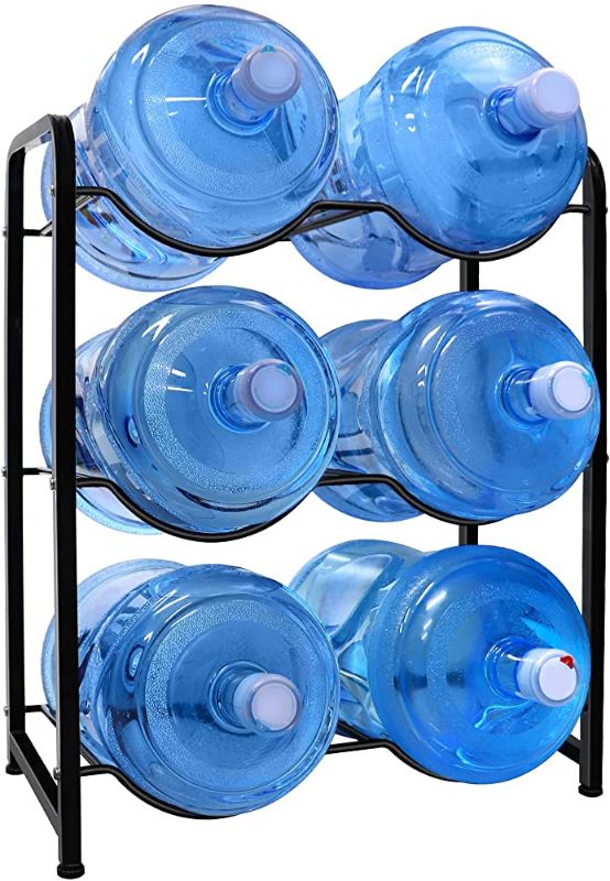 Photo 1 of 5 Gallon Water Bottle Holder, 3-Tier Heavy Duty Carbon Steel Water Jug Rack for 6 Bottles 3-Gallon or 5-Gallon Water Jug Storage Organizer for Kitchen, Restaurant, and Office. Thick 3-Tier, BLACK