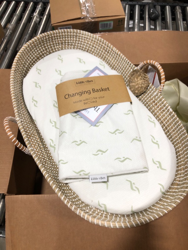 Photo 2 of Baby Changing Basket - with Thick Pad & 3 Waterproof Bamboo Jacquard Covers. Organic Seagrass Moses Basket for Babies - CPSC Compliant, Premium Changing Table Topper - Unique Boho Baby Decor Natural / White