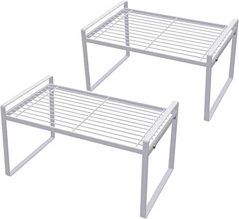 Photo 1 of  Shantton 2 Pack Kitchen Cabinet Shelf Counter Organizer Rack Pantry Storage Bathroom Bedroom Office Table Desk Space Saving Steel Frame Stackable Rust Resistant Non Slip White 