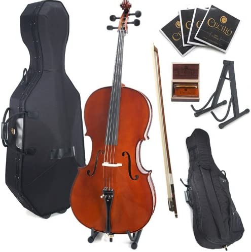 Photo 1 of  Cecilio CCO-500 Ebony Fitted Flamed Solid Wood Cello with Hard & Soft Case, Stand, Bow, Rosin, Bridge and Extra Set of Strings, Size 3/4 