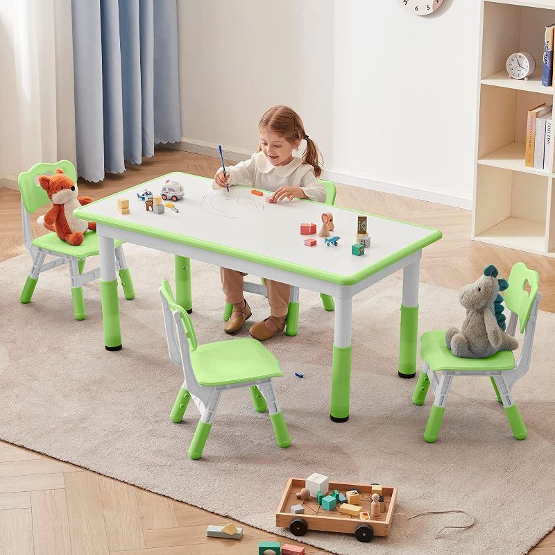 Photo 1 of DOREROOM Toddler Table and Chairs Set for 4, 49''L x 25''W Kids Study Table and Chair Set, Height-Adjustable Scrubtable Desktop Child's Table for Daycare, Classroom, Home, Green Wood Grain