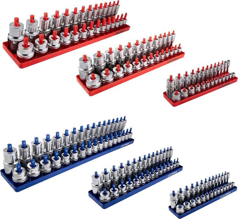 Photo 1 of  OEMTOOLS 22237 6 Piece SAE and Metric Socket Tray Set (Red and Blue), SAE and Metric Socket Storage, Socket Organizer Tray for Toolbox 