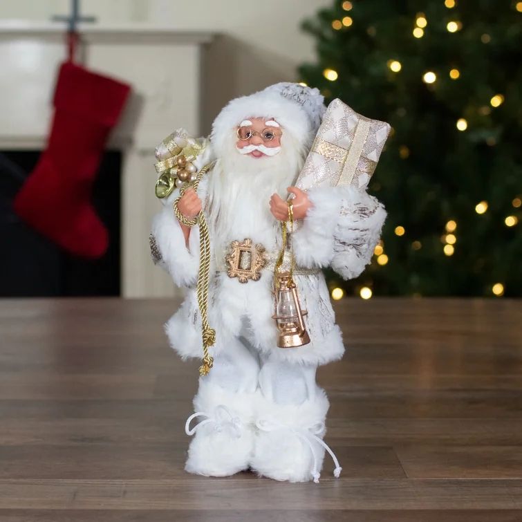 Photo 1 of 19 INCH Standing Santa Christmas Figure Dressed In Plush Winter White And Gold